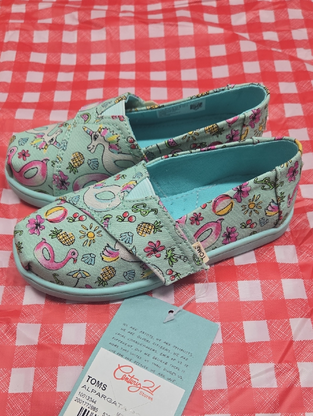 Toms Kids Slip-On Moccasins in Aqua with Tropical Print Size 9t